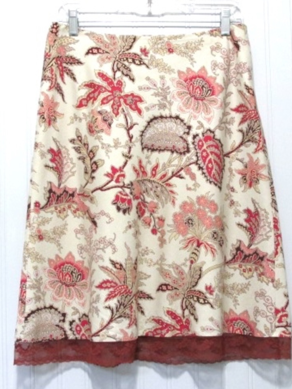LOFT Silk Cotton Blend A-line Creme Red Paisley Skirt, Size 8P